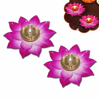 "Fancy Lotus Brass Diyas (Set of 2) (violet color) - Click here to View more details about this Product